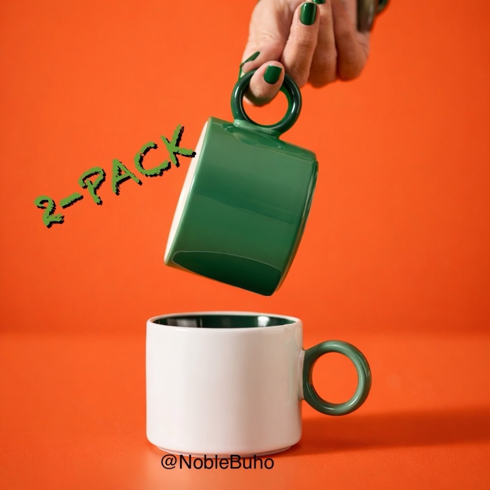 🧡COFFEE MUG 2-Pack Coffee Mug 10oz Green White Ceramic Mug Set NWT PIGGAL